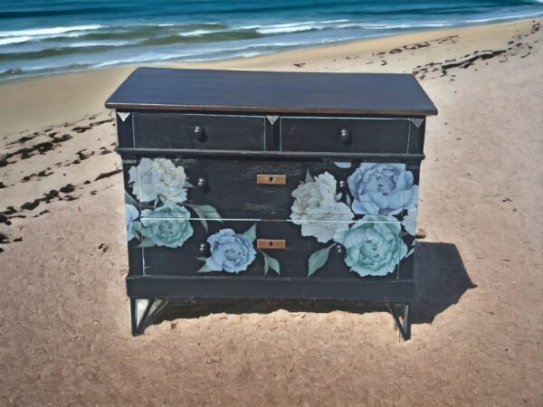 Kommode Blumen Schwarz Blau Modern Shabby Schubladen Vintage Upcycling – Bild 2