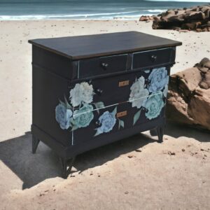 Kommode Blumen Schwarz Blau Modern Shabby Schubladen Vintage Upcycling