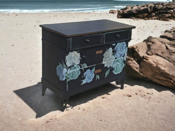 Kommode Blumen Schwarz Blau Modern Shabby Schubladen Vintage Upcycling