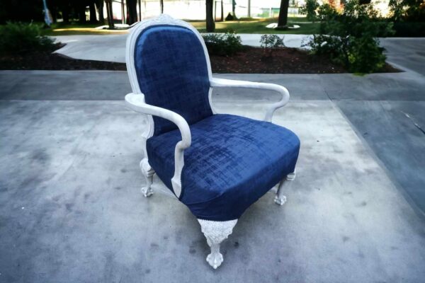 Stuhl Sessel Armlehnstuhl Blau grau weiß Muster Vintage Upcycling