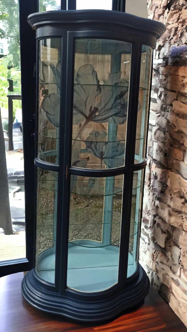 Vitrine Glas Spiegel Blau hellblau Shabby Regal Schrank Licht Vintage Upcycling – Bild 7