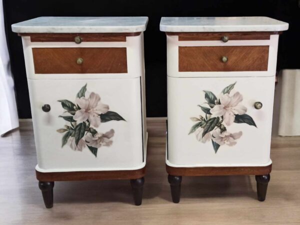 Nachtschränkchen Beistelltisch Shabby Marmorplatte Schubladen Weiß 2 stück vorhanden Vintage Upcycling – Bild 5