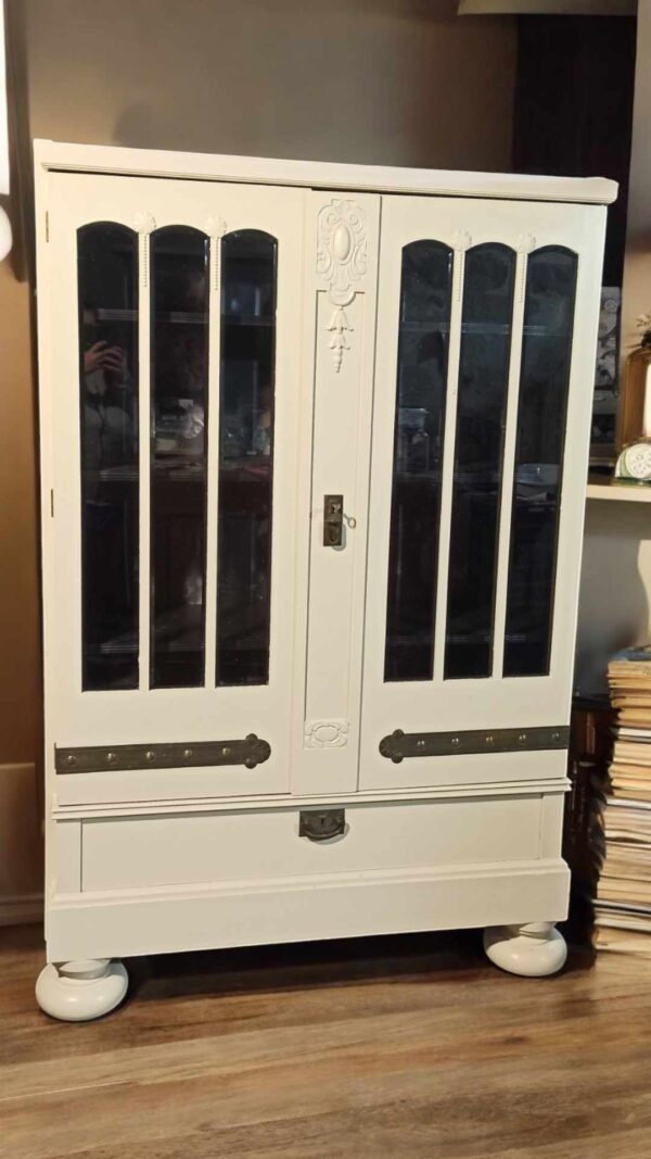 Vintage Upcycling Schrank Vitrine Regal Creme Schwarz Blumen Licht Shabby Aris – Bild 3
