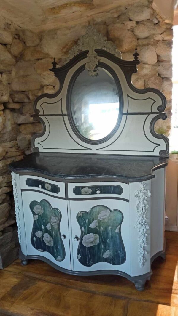 Schrank Creme Barock Schminkkommode Shabby Spiegelschrank Vintage Upcycling – Bild 2