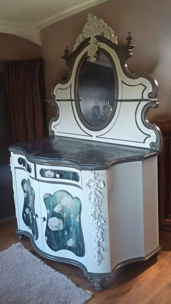 Schrank Creme Barock Schminkkommode Shabby Spiegelschrank Vintage Upcycling – Bild 3