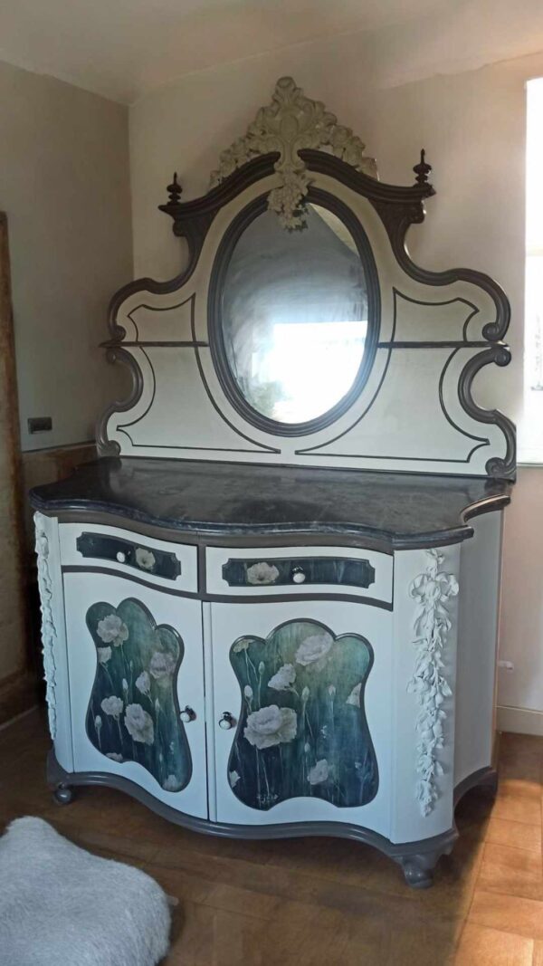 Schrank Creme Barock Schminkkommode Shabby Spiegelschrank Vintage Upcycling – Bild 4