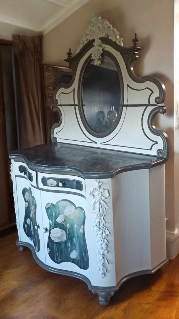 Schrank Creme Barock Schminkkommode Shabby Spiegelschrank Vintage Upcycling – Bild 6