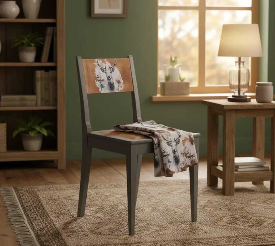 Rustikaler Bauernstuhl „Falk“ – Vintage Stuhl mit Hirschmotiv