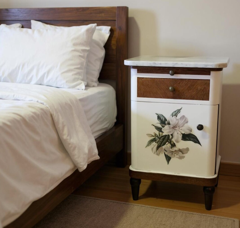 Vintage Nachtschränkchen „Geli & Bertrahm“ – stilvolle Beistellschränkchen mit Marmorplatte