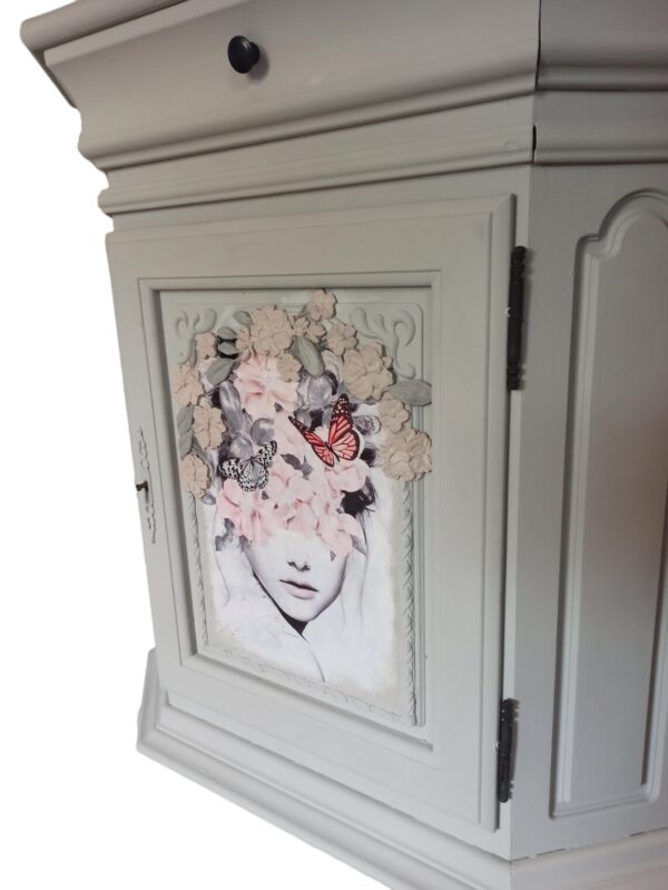 Kommode Schrank Schubladenschrank Flurschrank Vintage Upcycling  Shabby Blumen Grau Rosa Flower – Bild 3