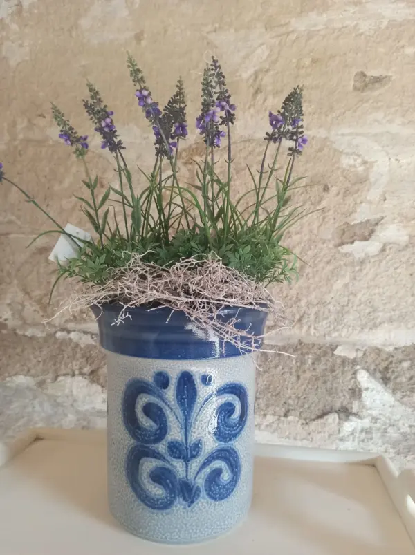 Krug Alt Patina Steingut Grau Blau Bemalt – Bild 4