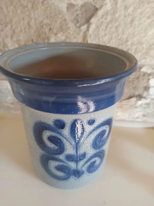 Krug Alt Patina Steingut Grau Blau Bemalt – Bild 5