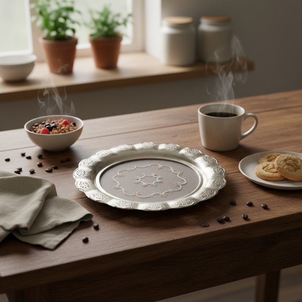 Vintage Metalltablett Glasabdeckung – rund, dekorativ & elegant – Bild 7