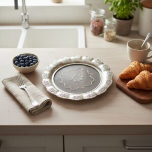 Vintage Metalltablett Glasabdeckung – rund, dekorativ & elegant