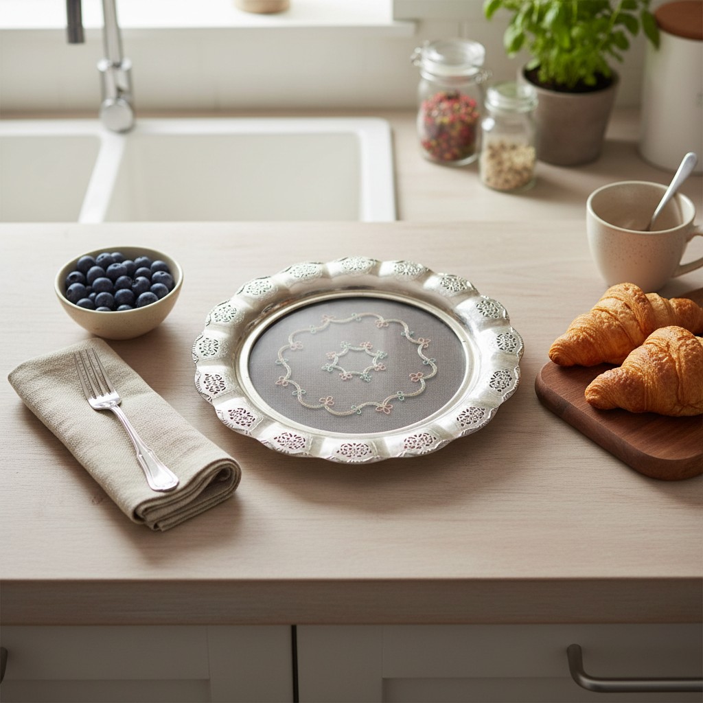 Vintage Metalltablett Glasabdeckung – rund, dekorativ & elegant